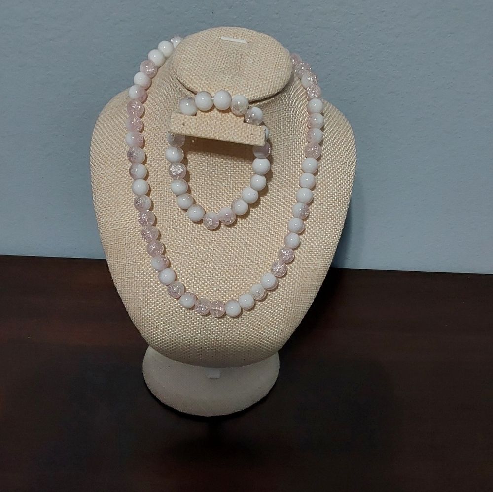 Elegant Pink and White Glass Bead Jewelry Set